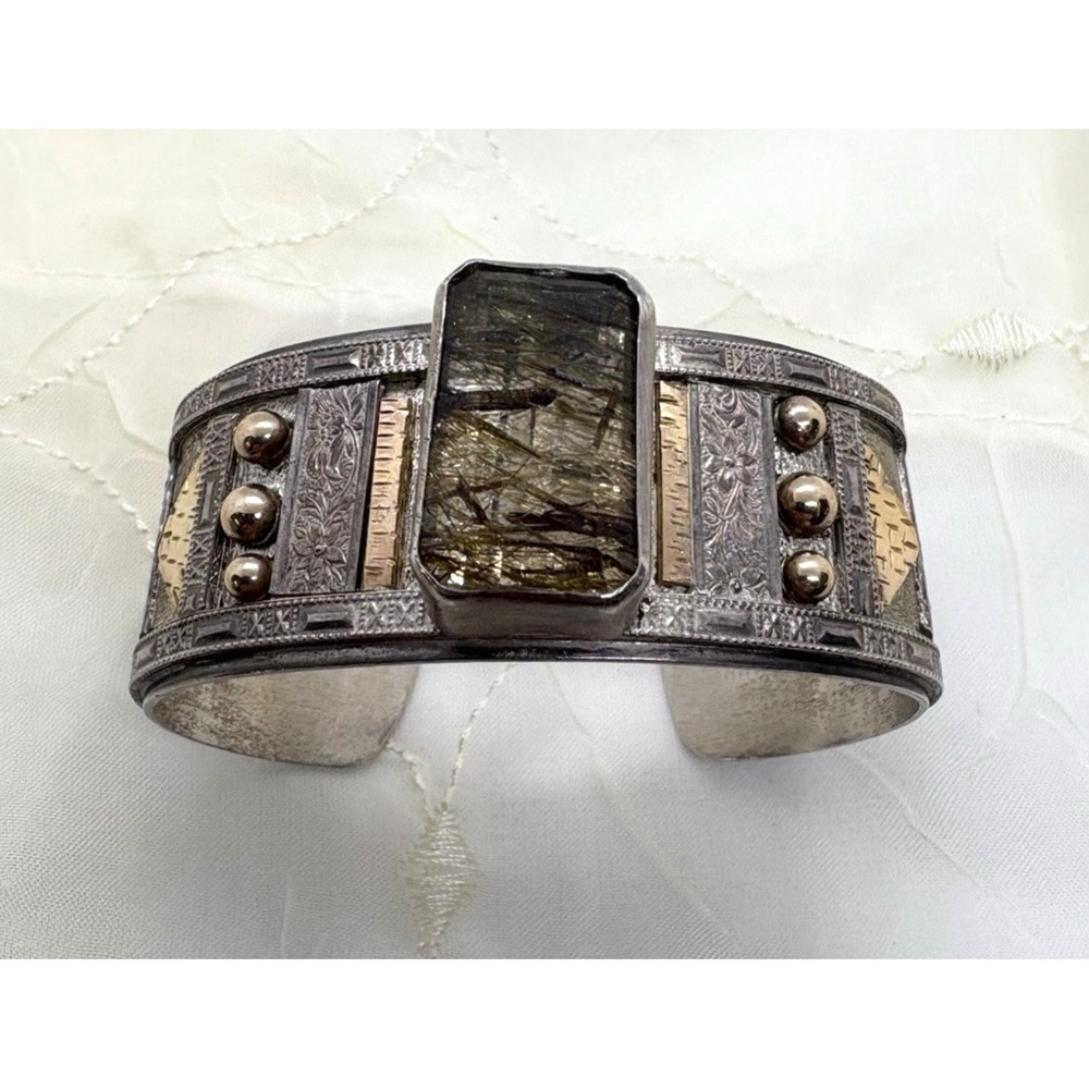 Artisan Katie Brassel‎ Sterling Silver 14K Rutilated Quartz Modern Cuff Bracelet